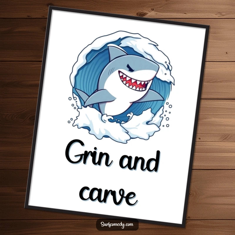 Funny determined shark character fiercely carving through a wave with a confident grin, high-resolution humorous artwork for instant ocean thrill.
