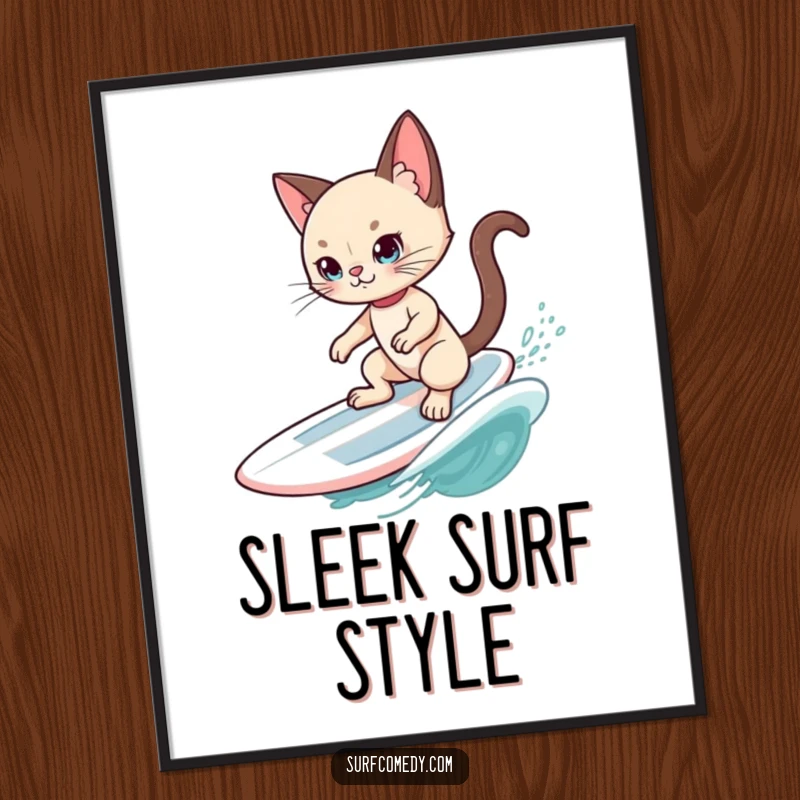 Funny Siamese Cat Surfer Digital Art: A chic Siamese cat surfs a gentle swell, exuding cool confidence and artistic humor.