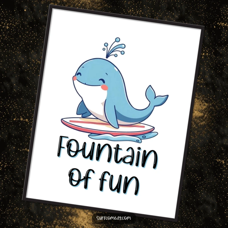 Funny smiling whale character on a surfboard, joyfully spouting water like a fountain, high-resolution humorous artwork for instant ocean vibes.