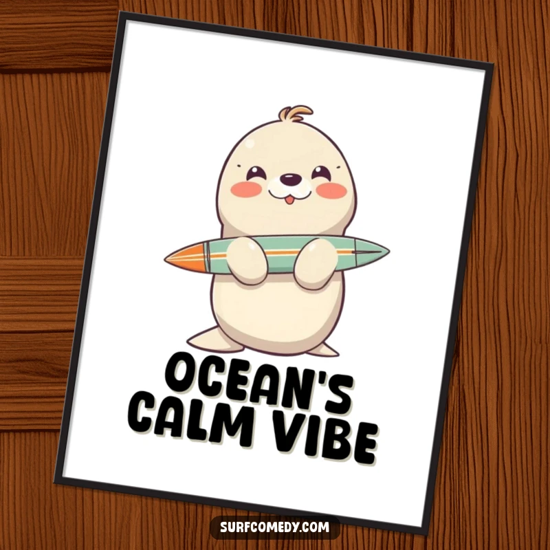 Funny smiling seal balancing a surfboard on its nose, available as a high-resolution digital art print.