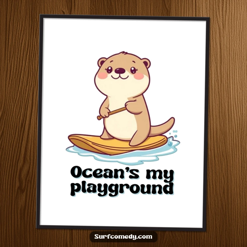 Funny kawaii sea otter character paddling a board with vibrant energy, rendered as a digital art print.