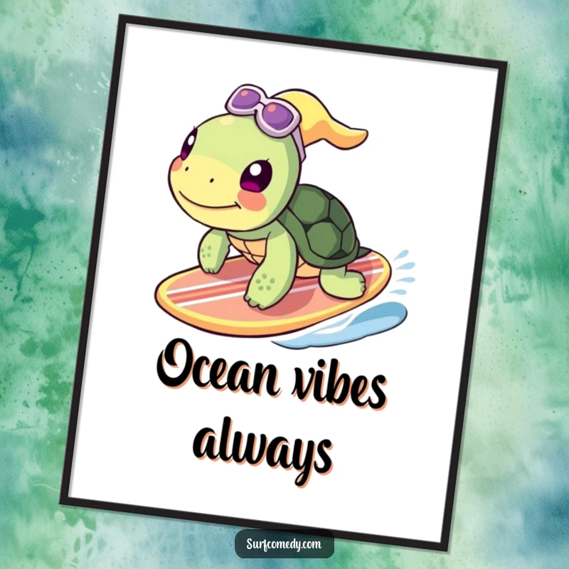Funny turtle character riding a surfboard, rendered as a digital art print, bringing instant humor and ocean vibes.