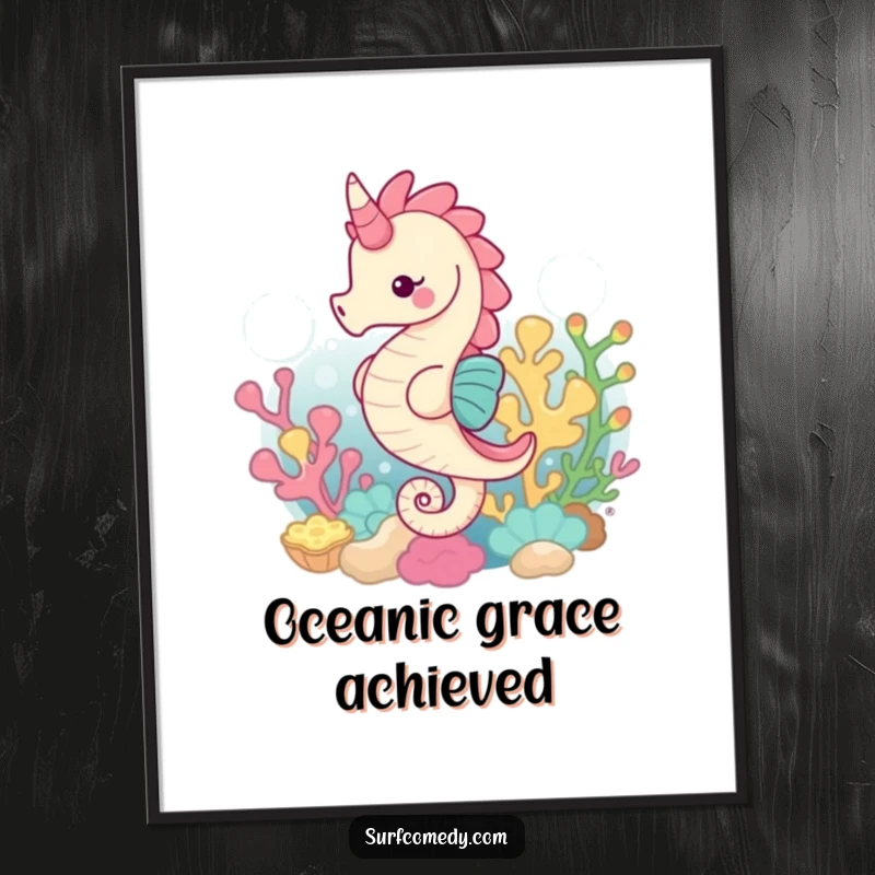 Funny digital art print showcasing a graceful seahorse swimming through a coral reef, ready for instant download.