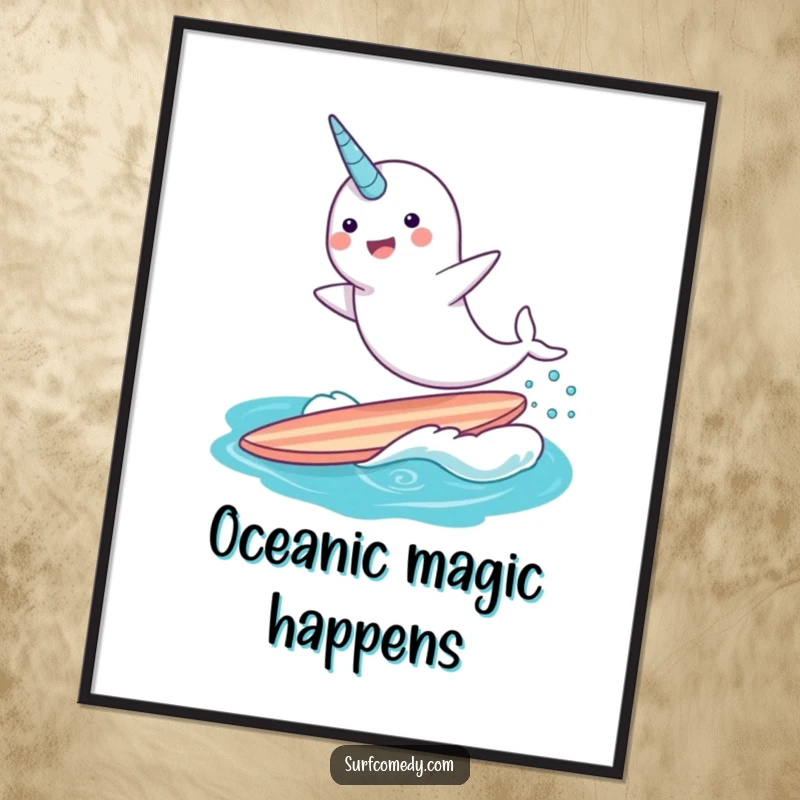 Funny narwhal character surfing a surfboard mid-leap, as a digital art print, bringing instant mythical humor.