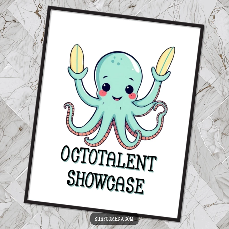 Funny happy octopus juggling three surfboards with its tentacles, available as a high-resolution digital art print.