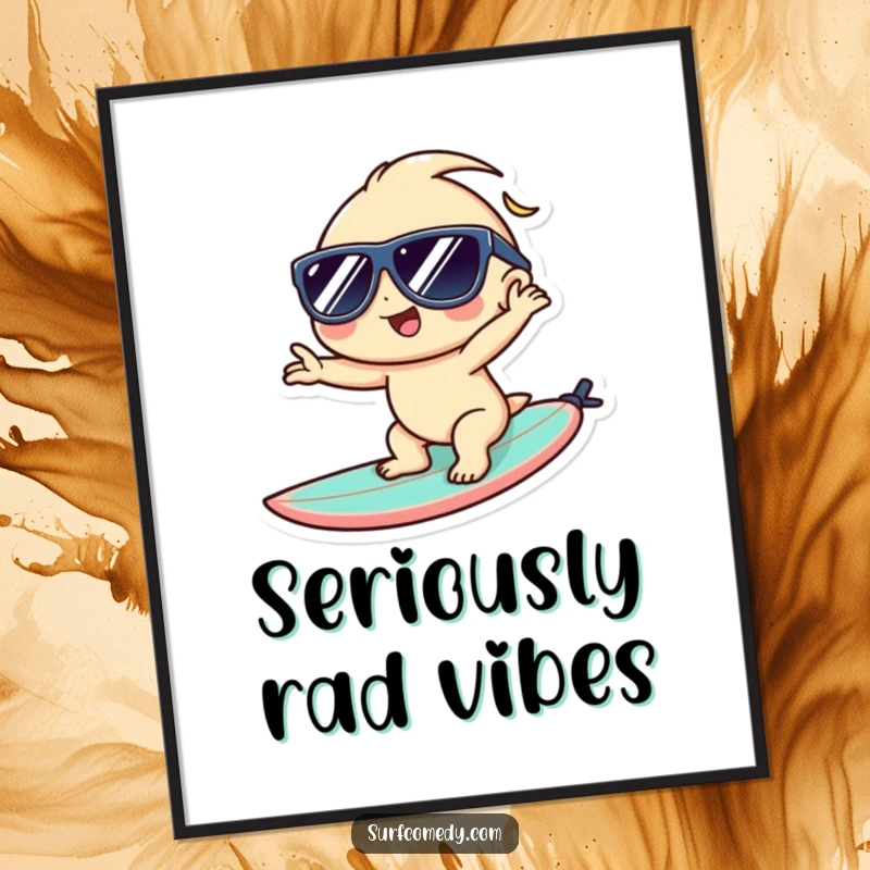 Funny Kawaii digital art print of a sunglasses-wearing character posing on a surfboard, capturing cool beach style.