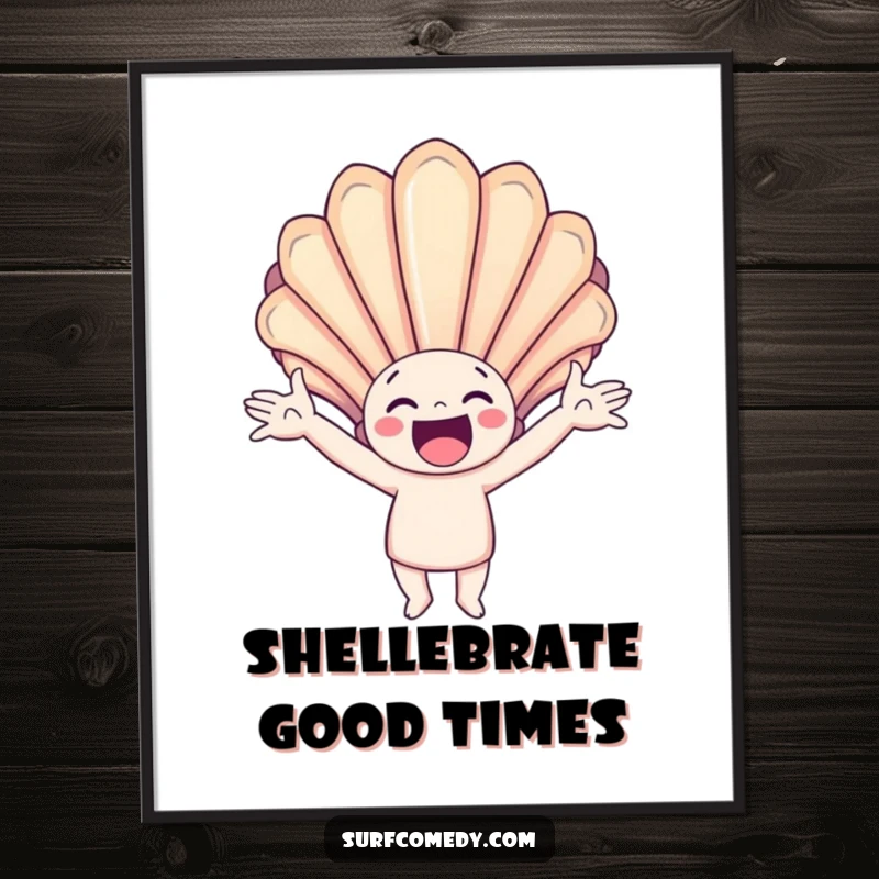 Funny digital art print of a happy character with arms outstretched, catching a giant, colorful seashell, perfect for beachy decor.