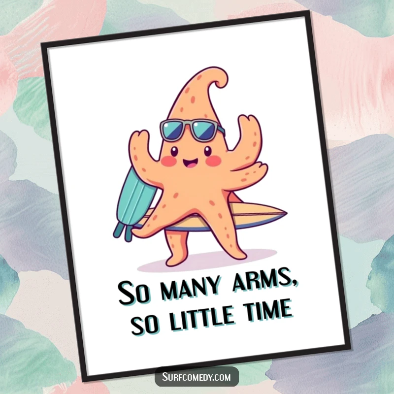 Funny digital art print of a cute kawaii starfish character balancing a surfboard on its numerous arms, ideal for instant wall decor.