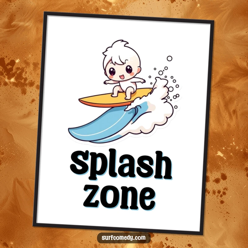 Funny Kawaii character digital art print depicting a comical surfboard wipeout with a splash, great for instant funny gift decoration.