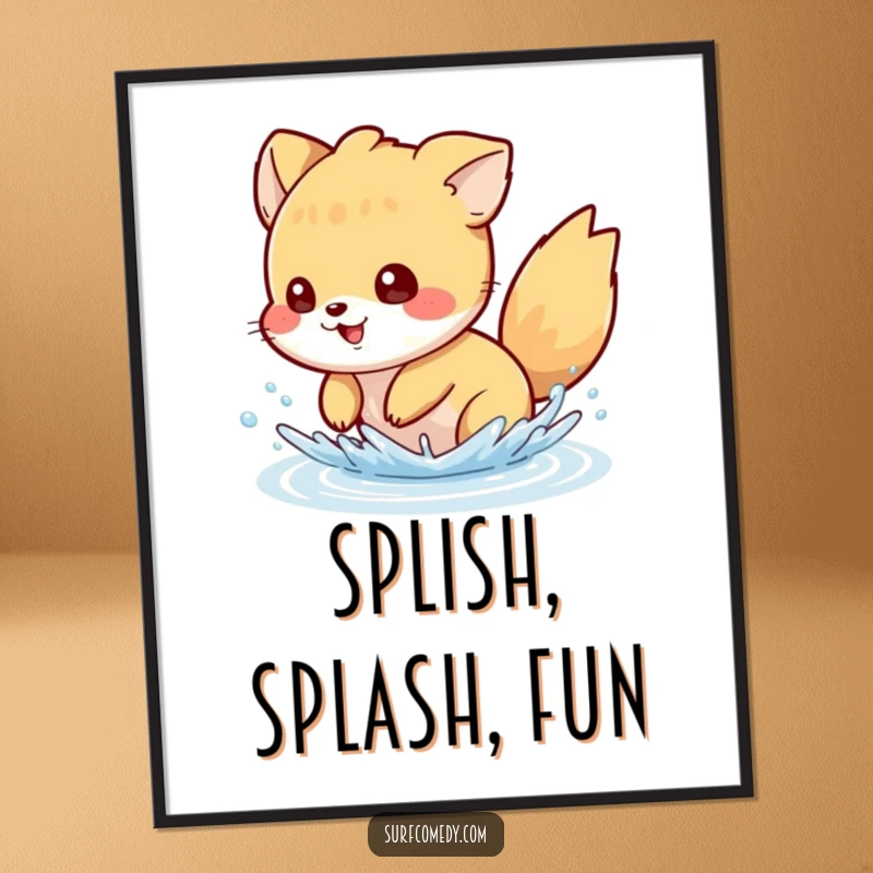 Funny digital art print of a mischievous animal character playfully splashing water with its tail, ready for download and display.