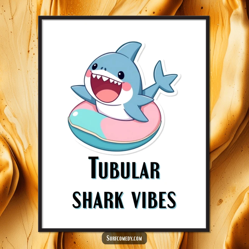 Funny cute shark character excitedly riding a tiny, colorful inner tube, available as a high-resolution digital art print.