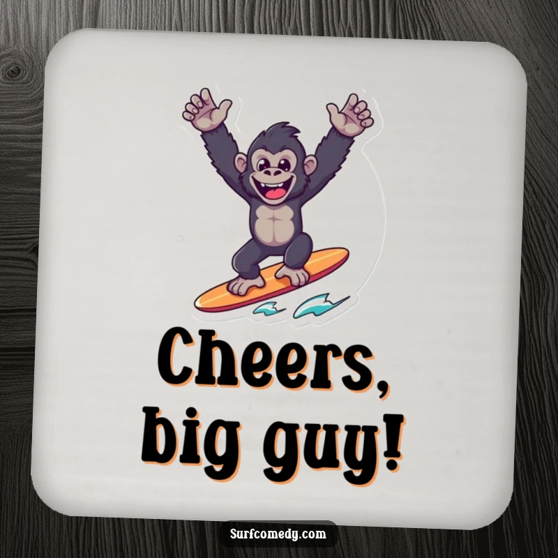 Funny Gorilla Surfer Coaster: A triumphant gorilla raises arms in victory, adding bold humor to drink coasters.