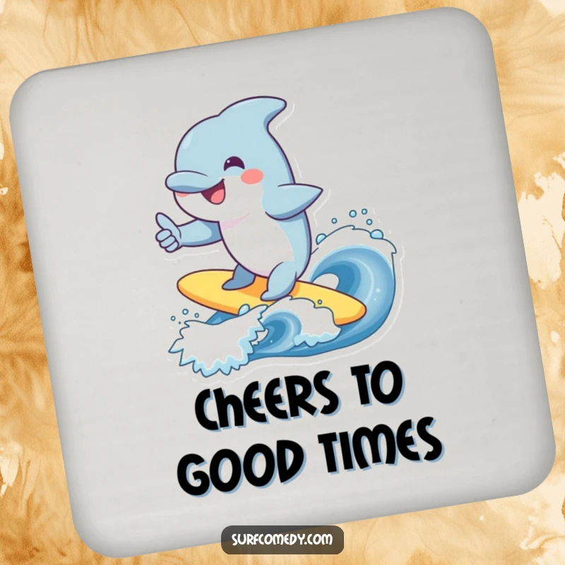 Funny dolphin coaster, smiling character surfing a wave, giving a thumbs up, cheerful decor, ideal funny gift.