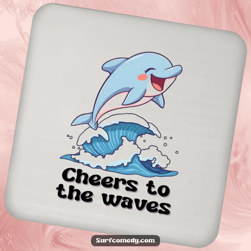 Funny laughing dolphin leaping over a playful wave, featured on a protective drink coaster.