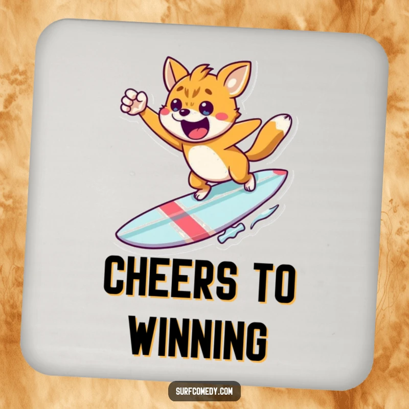 Funny victory pose drink coaster, featuring an animal leaping triumphantly from a surfboard, protecting surfaces, a cool funny gift.