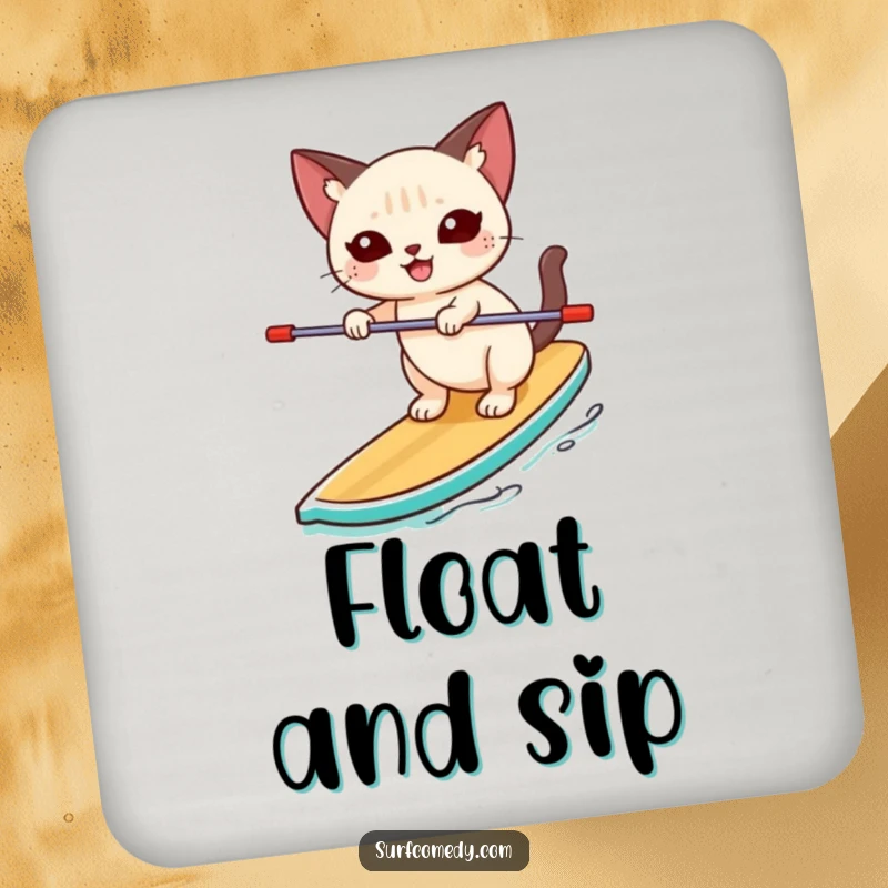Funny Siamese cat happily balancing unsteadily on a paddleboard on a drink coaster, offering protection with humor and water vibes.
