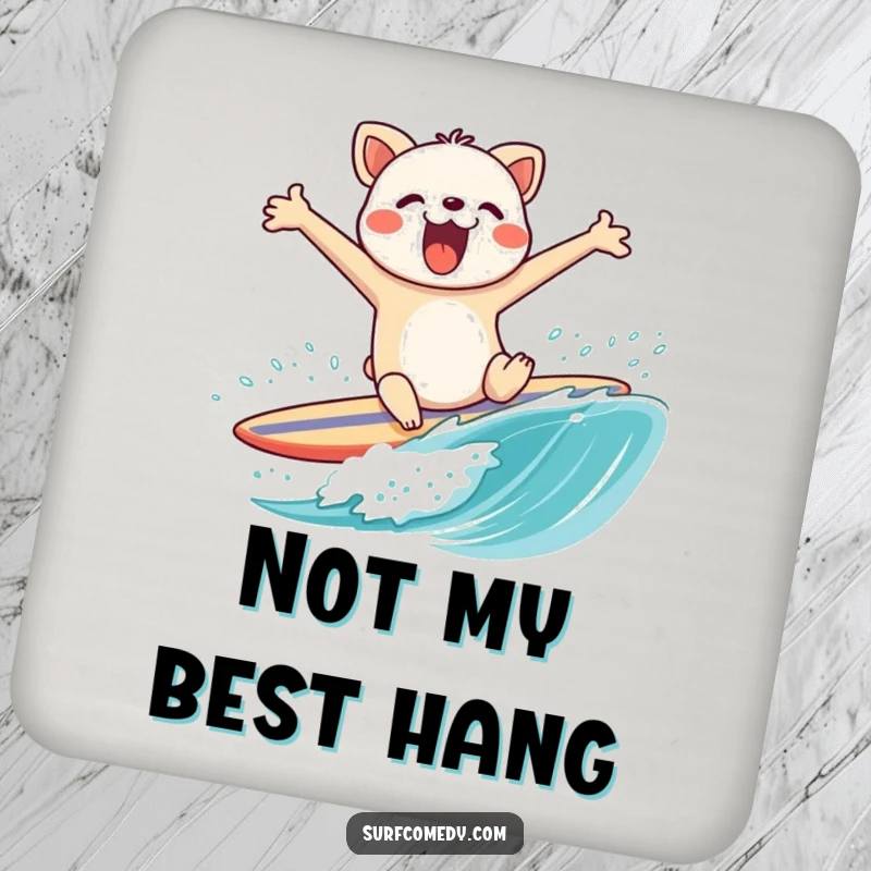 Funny drink coaster showing an animal character comically wiping out on a surfboard, a humorous addition to any coffee table.