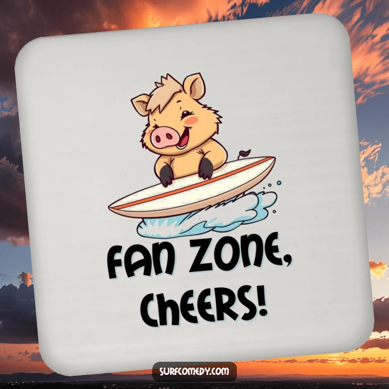 Funny drink coaster with a boar signing a surfboard, adding a touch of surf celebrity to your table.
