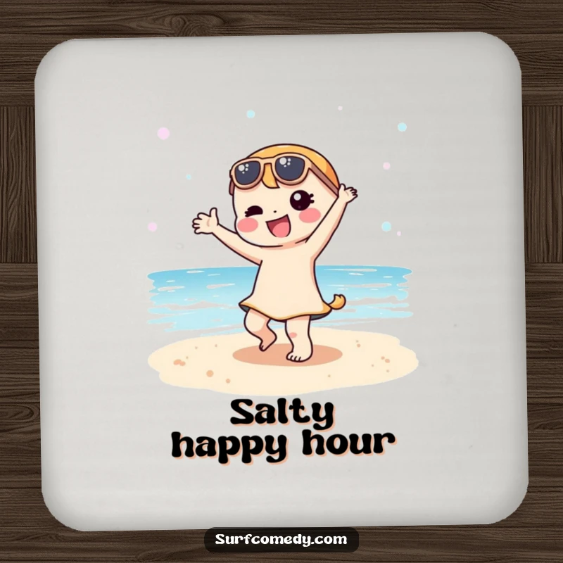 Funny Kawaii character dancing on a sandy beach, bringing fun and protection to surfaces on a coaster.