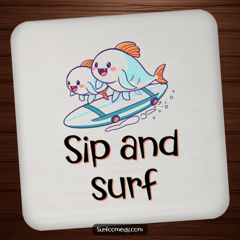 Funny kawaii fish characters riding a surfboard on a coaster, adding a touch of humor to table settings. A cute funny gift.