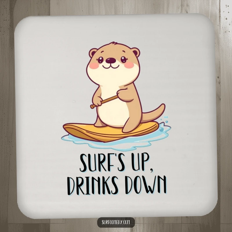 Funny kawaii sea otter character energetically paddling on a board, designed as a fun drink coaster.