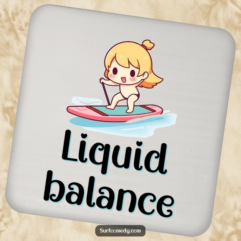 Funny Kawaii character balancing on a paddleboard on a coaster, bringing subtle humor and protection.