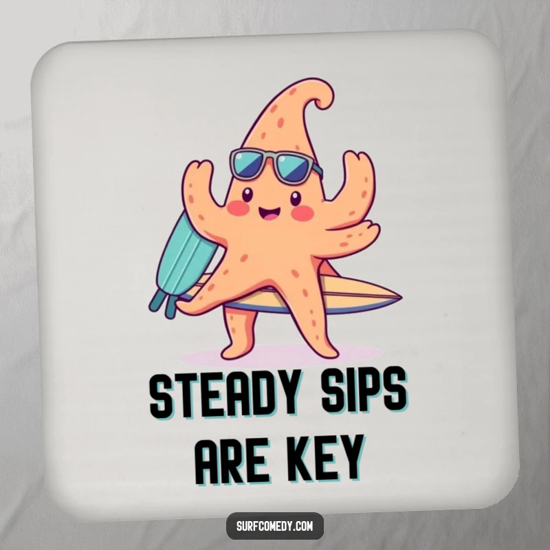 Funny coasters featuring a cute kawaii starfish character balancing a surfboard on its arms, adding beachy vibes and surface protection.