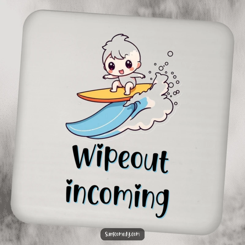 Funny Kawaii character coaster showing a comical surfboard wipeout with a splash, a small funny gift.
