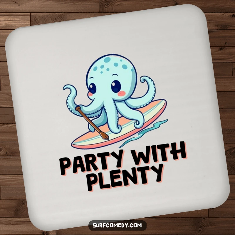 Funny octopus character surfing on a surfboard, printed on a coaster for humorous table protection. A cute funny gift.