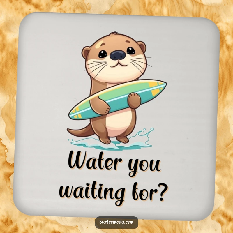 Funny sea otter balancing a surfboard on its nose, elegantly designed on a drink coaster for humorous table protection.