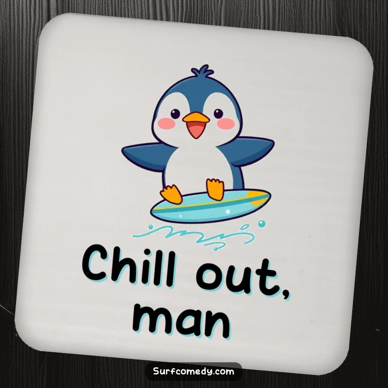 Funny penguin character surfing a small board, depicted on drink coasters for a humorous touch.