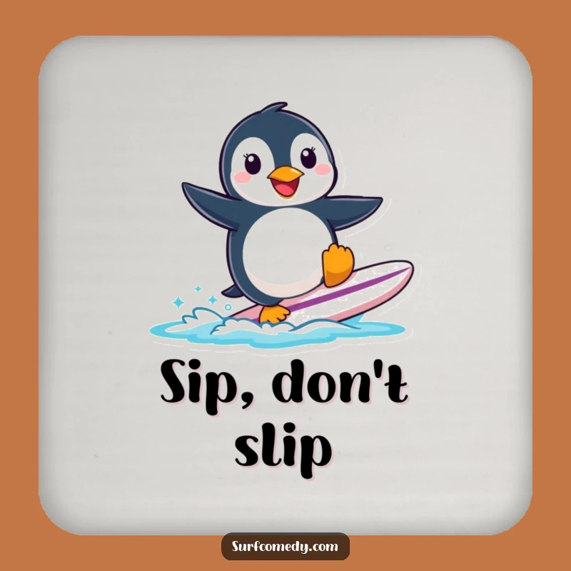 Funny Penguin Surfing Drink Coaster: Protect Surfaces with Arctic Smiles