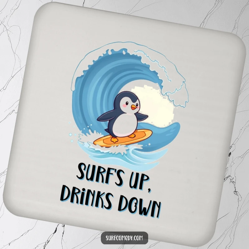 Funny penguin coaster, cute character surfing a surfboard, heading towards a giant wave, beach decor, ideal funny gift.