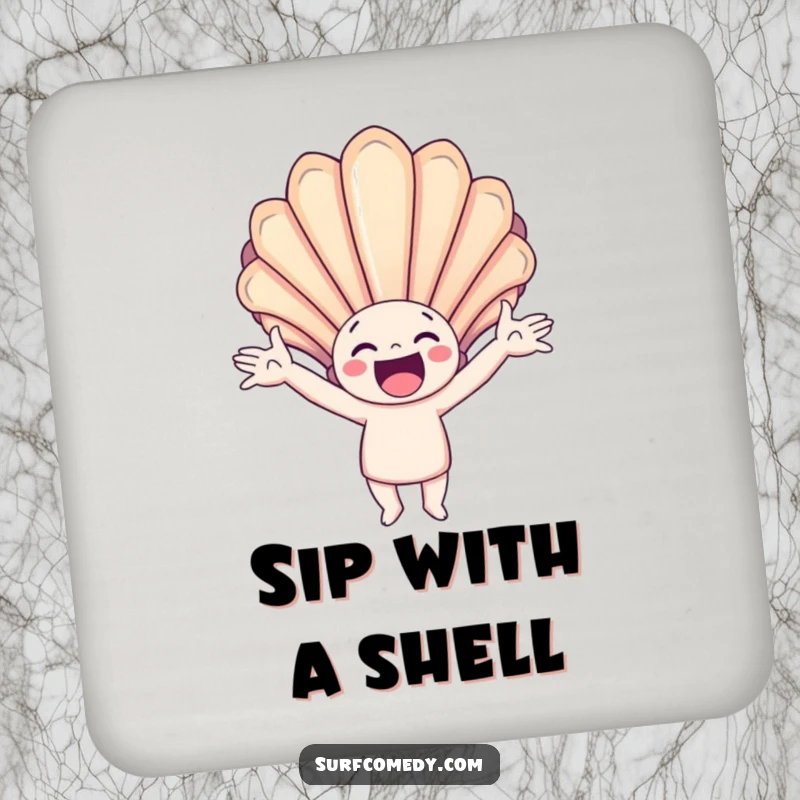 Funny drink coaster featuring a happy character with arms outstretched, catching a giant, colorful seashell, ideal for table protection.