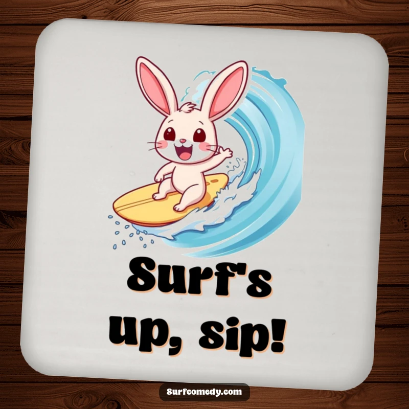 Funny Surfer Rabbit Coaster: Features an exhilarated rabbit surfing a massive wave, adding a humorous touch to drink service.