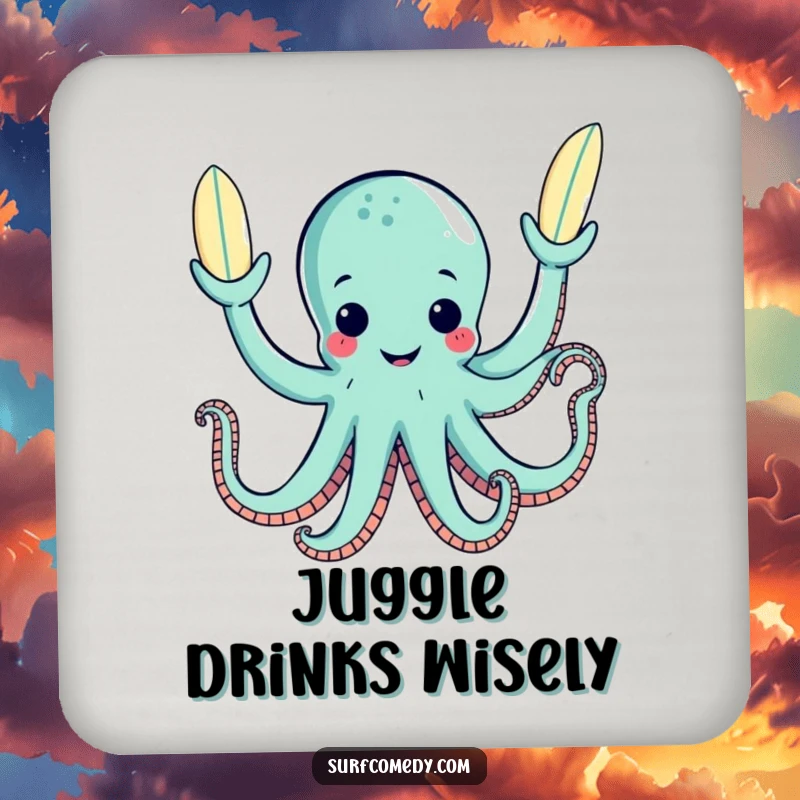 Funny drink coaster featuring a happy octopus juggling three surfboards with its tentacles, protecting furniture.