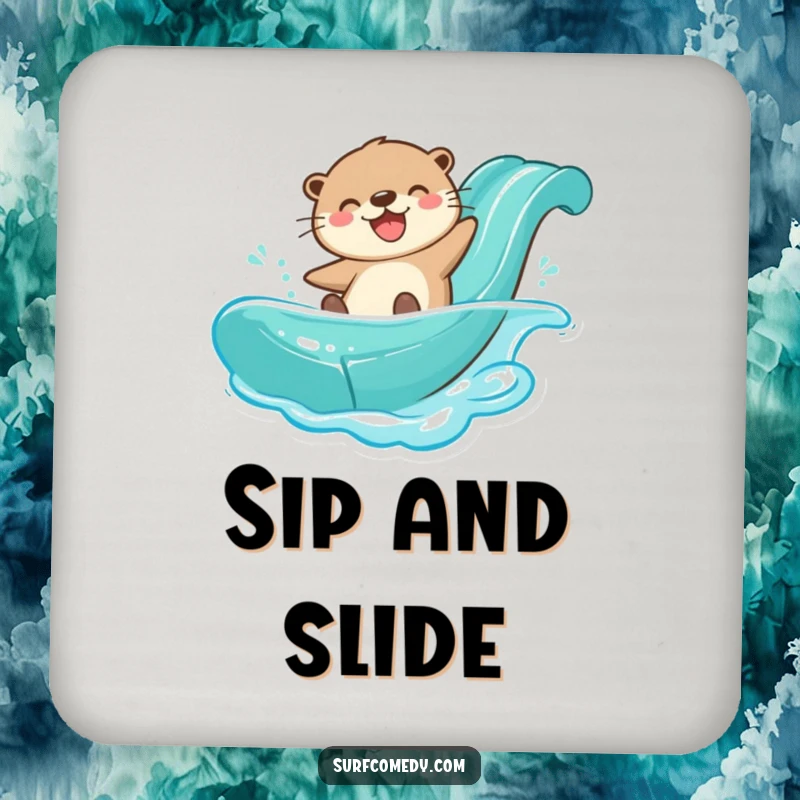 Funny otter character on a water slide, depicted on drink coasters for a humorous and protective touch.