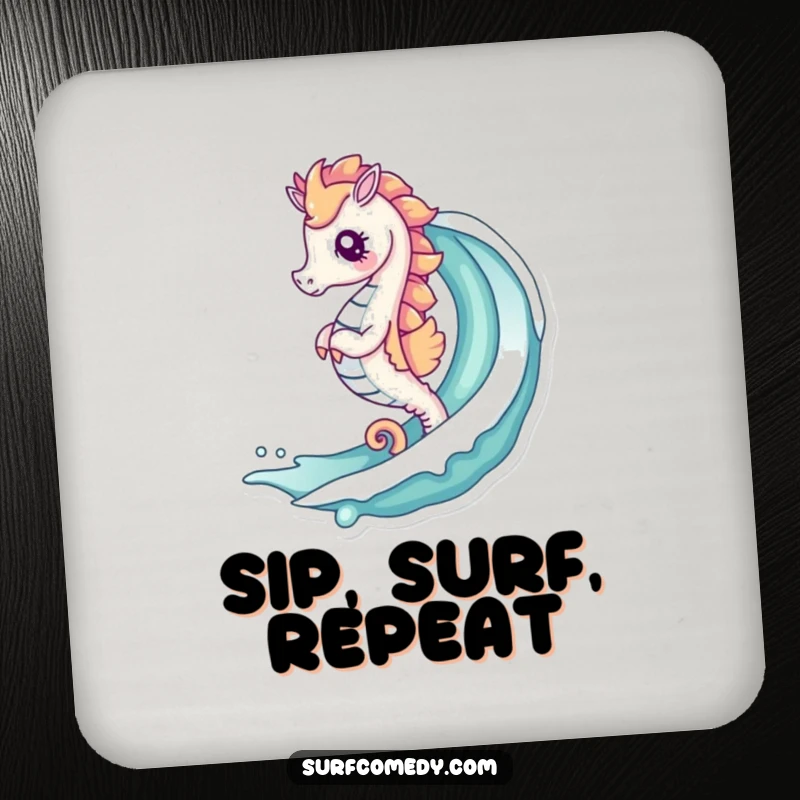 Funny coasters featuring a cute kawaii seahorse riding a curling wave, adding a touch of oceanic charm to any table.