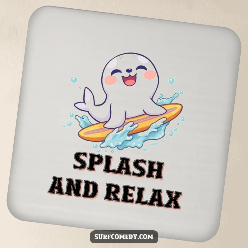 Funny laughing seal character sliding off a surfboard into a refreshing splash, protecting surfaces with beachy humor.