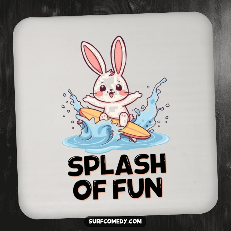 Funny rabbit surfer wiping out in a water splash on a drink coaster, offering protection with humor and beach vibes.
