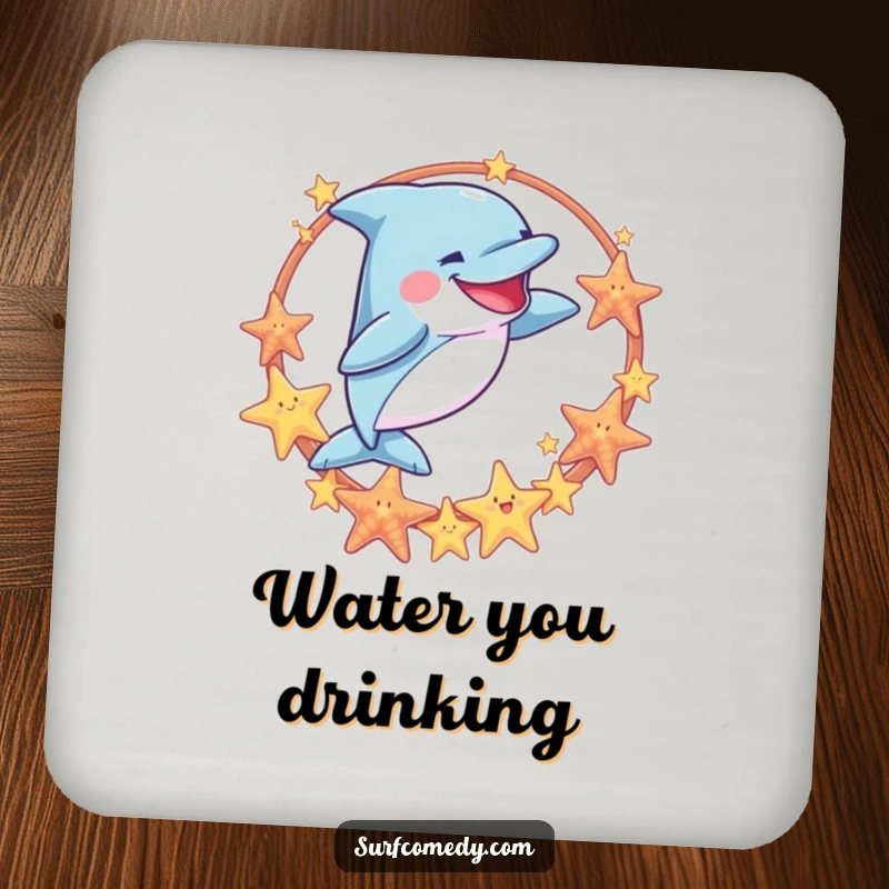 Funny drink coasters with a goofy dolphin jumping through a sea star hoop, providing a humorous and practical way to protect furniture.