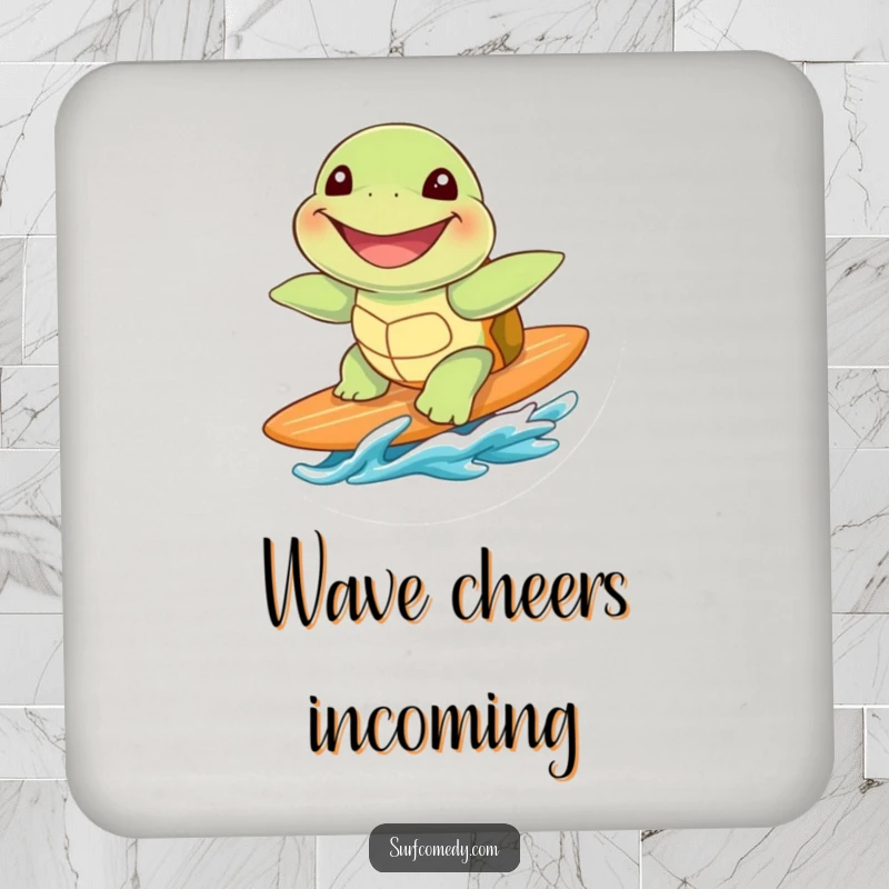 Funny cute sea turtle with a huge grin, riding a surfboard on durable, decorative, and funny drink coasters.