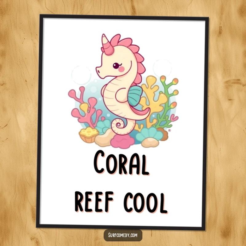Funny poster featuring a happy kawaii seahorse gracefully swimming through a richly detailed and colorful coral reef.