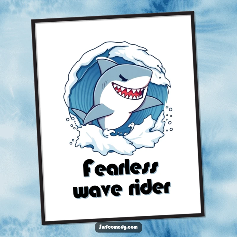 Funny determined shark character fiercely carving through a wave with a confident grin, vibrant and humorous ocean-themed wall art.