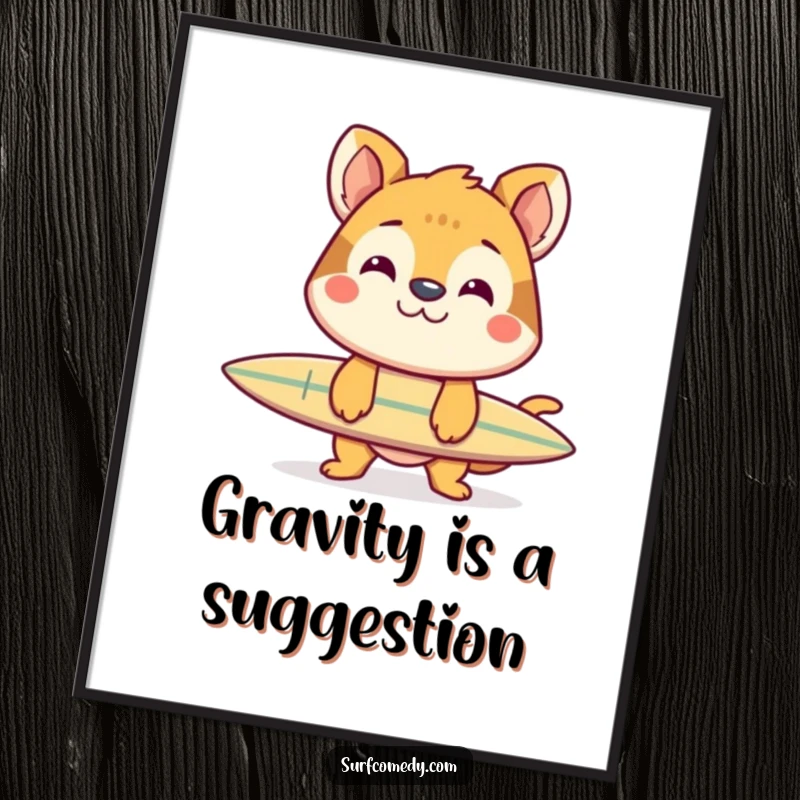 Funny poster of a cheerful animal with a wide grin balancing a surfboard on its nose, celebrating skill and happiness.