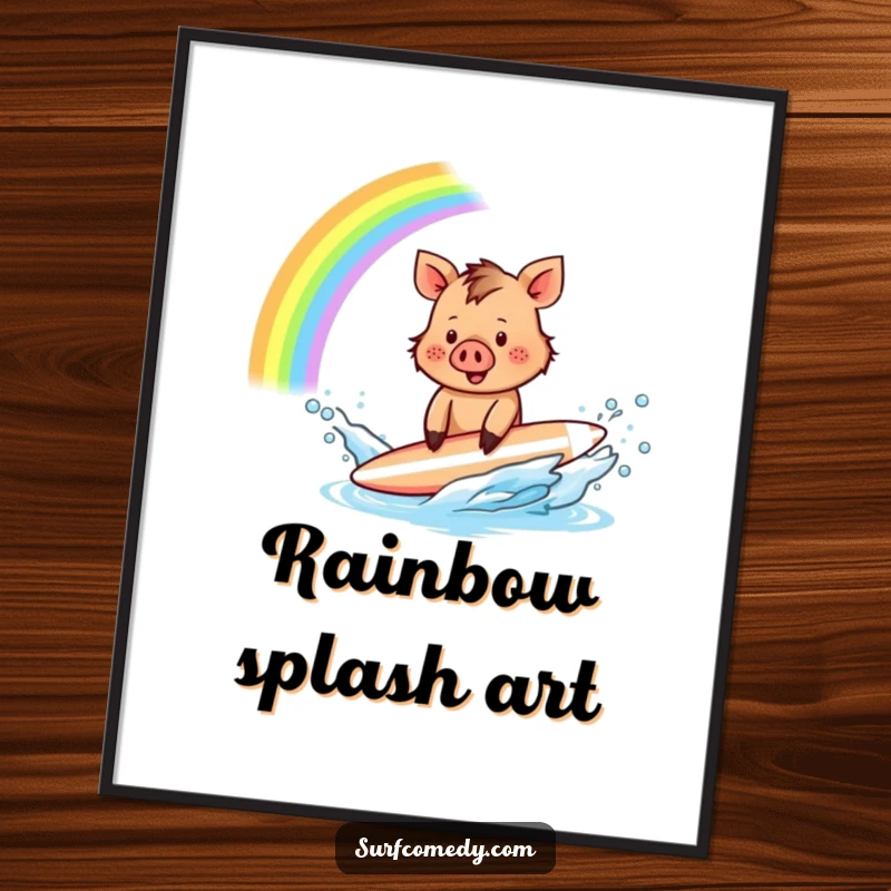 Funny Boar Surfer Poster: A tiny boar creates a spectacular rainbow splash with its surfboard, bringing whimsical joy to decor.