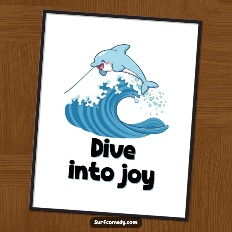 Funny poster showing a happy dolphin catching air as it leaps over a giant, stylized ocean wave, a vibrant marine-themed artwork.