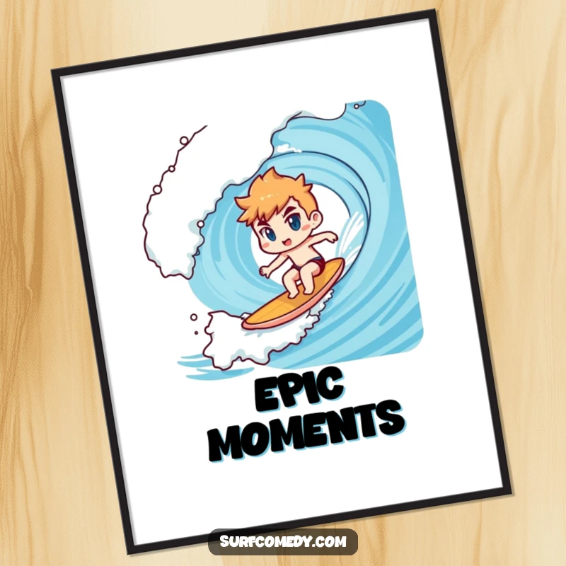 Funny Kawaii character poster art depicting determined surfing on a giant wave, ideal for humorous adventure decor gift.