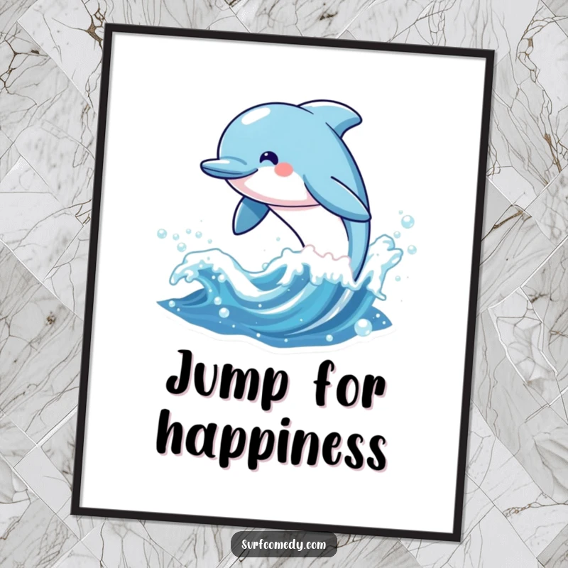 Funny poster featuring a cheerful kawaii dolphin character leaping exuberantly from a sparkling wave, embodying aquatic delight.