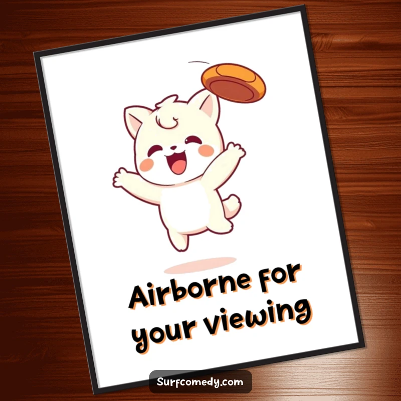 Funny Kawaii poster showing a cute character mid-leap, joyfully catching a frisbee, perfect for adding humor to any room.